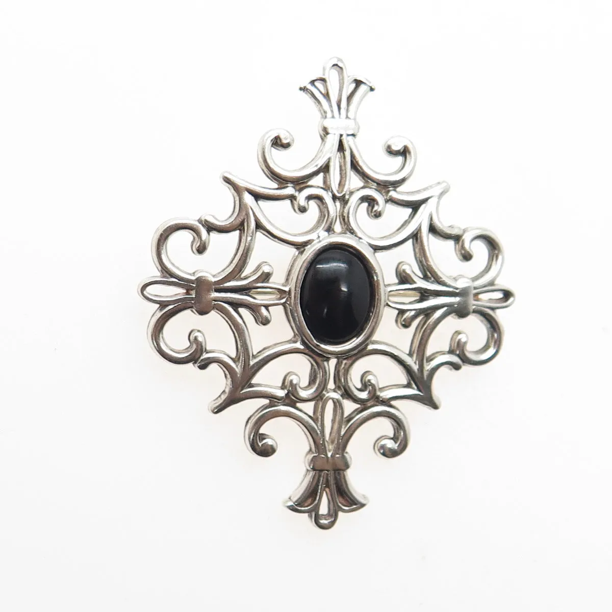 925 Sterling Silver Vintage Real Black Onyx Fleur de Lis Cross Pin Brooch