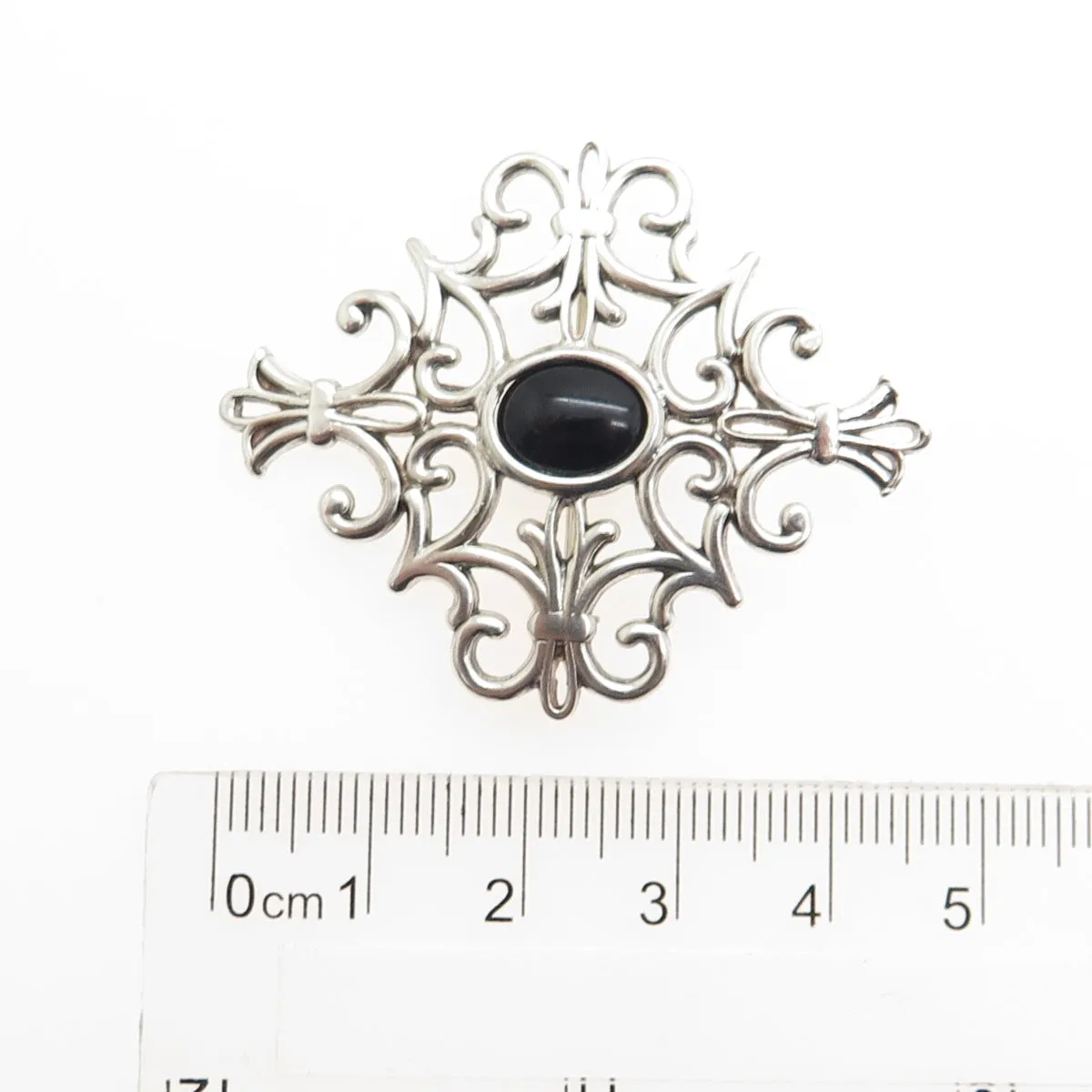 925 Sterling Silver Vintage Real Black Onyx Fleur de Lis Cross Pin Brooch