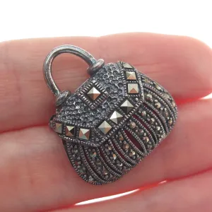 925 Sterling Silver Vintage Real Marcasite Ladies Purse Oxidized Pin Brooch