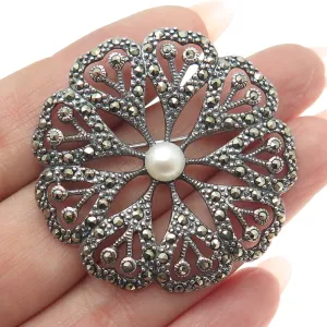 925 Sterling Silver Vintage Real Pearl & Marcasite Floral Oxidized Pin Brooch
