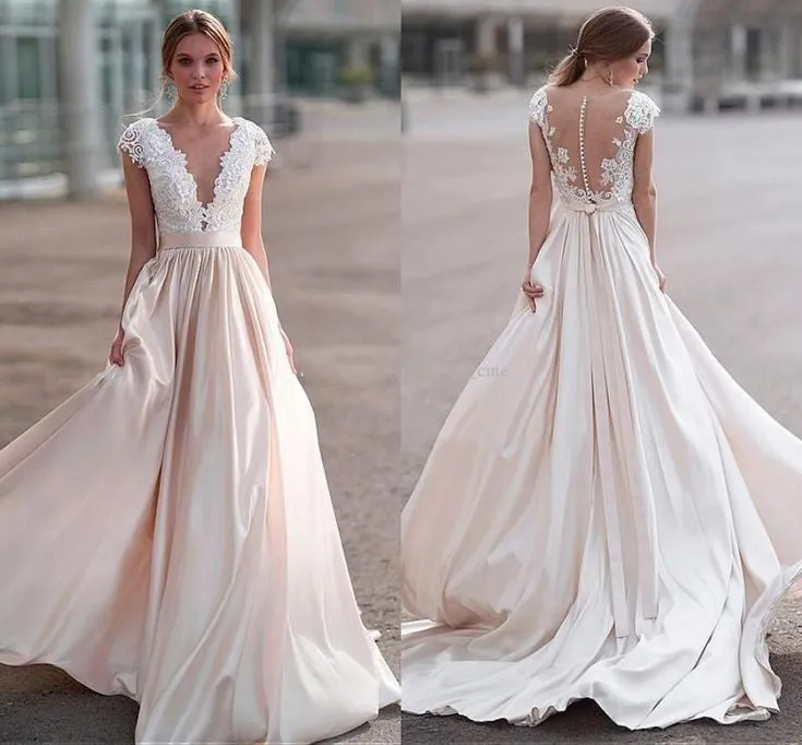 A-line Capped Sleeves Bridal Gown with Satin Train