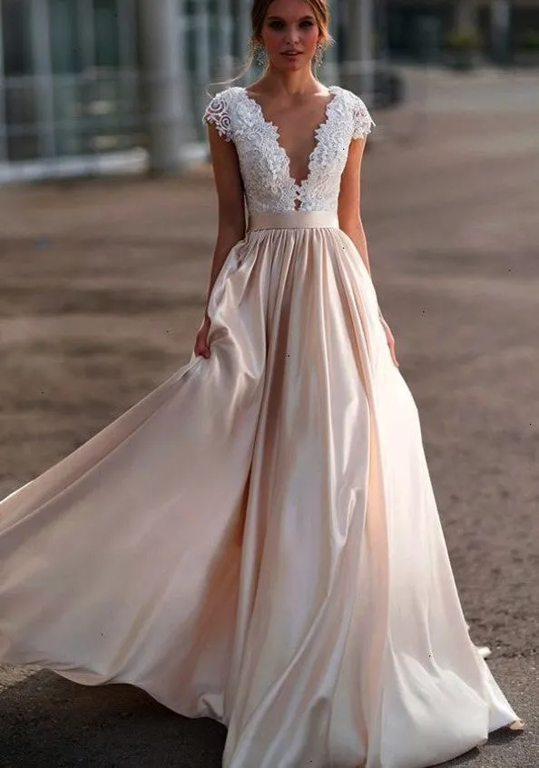 A-line Capped Sleeves Bridal Gown with Satin Train