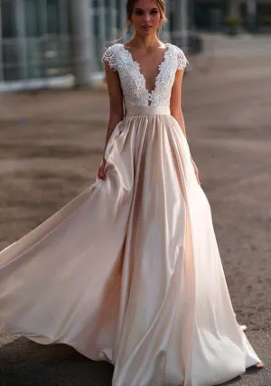 A-line Capped Sleeves Bridal Gown with Satin Train
