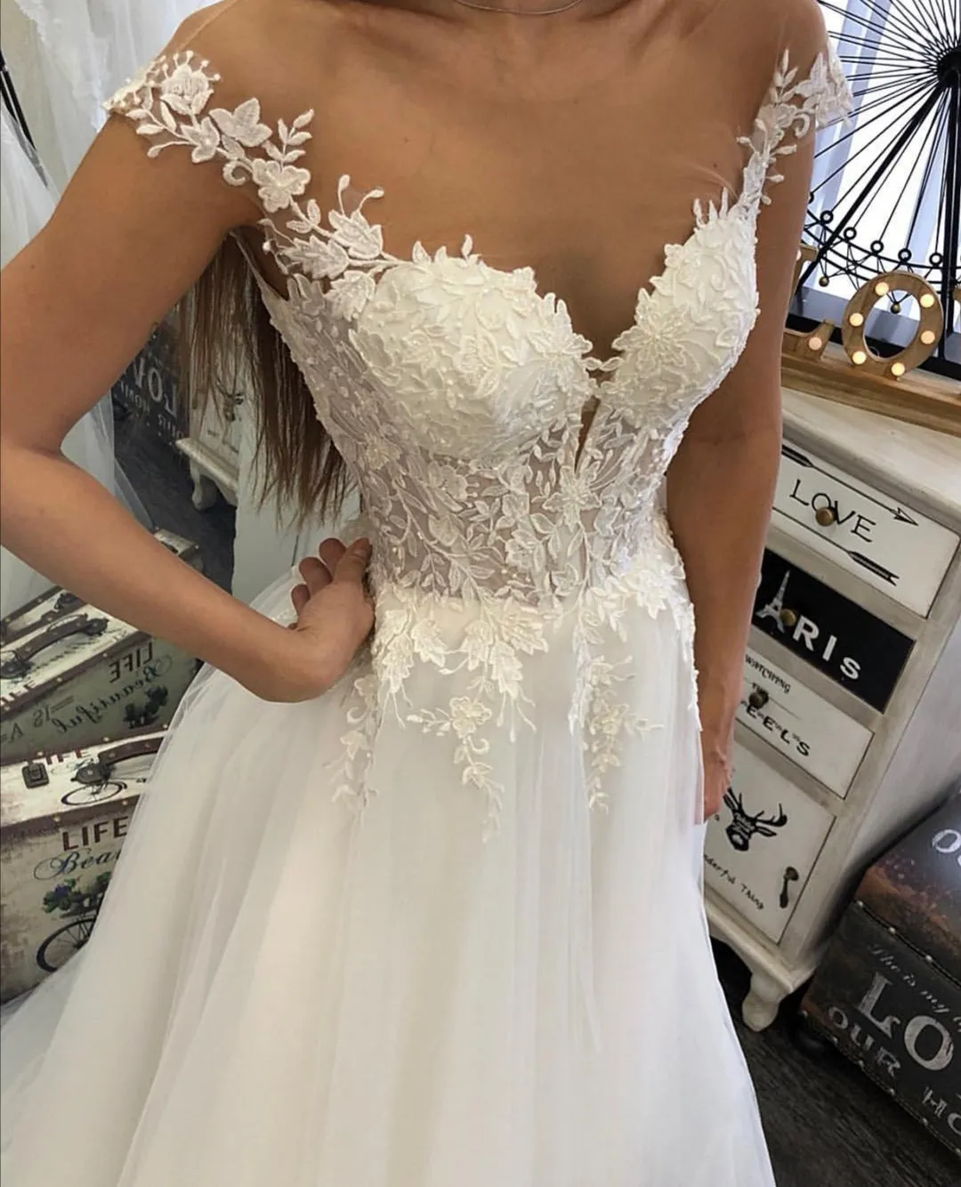 A-line Tulle Boho Lace Wedding Gown Capped Sleeves