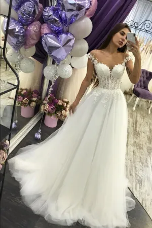 A-line Tulle Boho Lace Wedding Gown Capped Sleeves