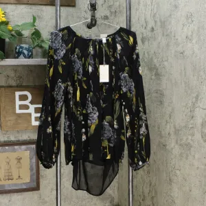 A New Day Women's Floral Print Long Sleeve Crewneck Pleated Blouse Black XL
