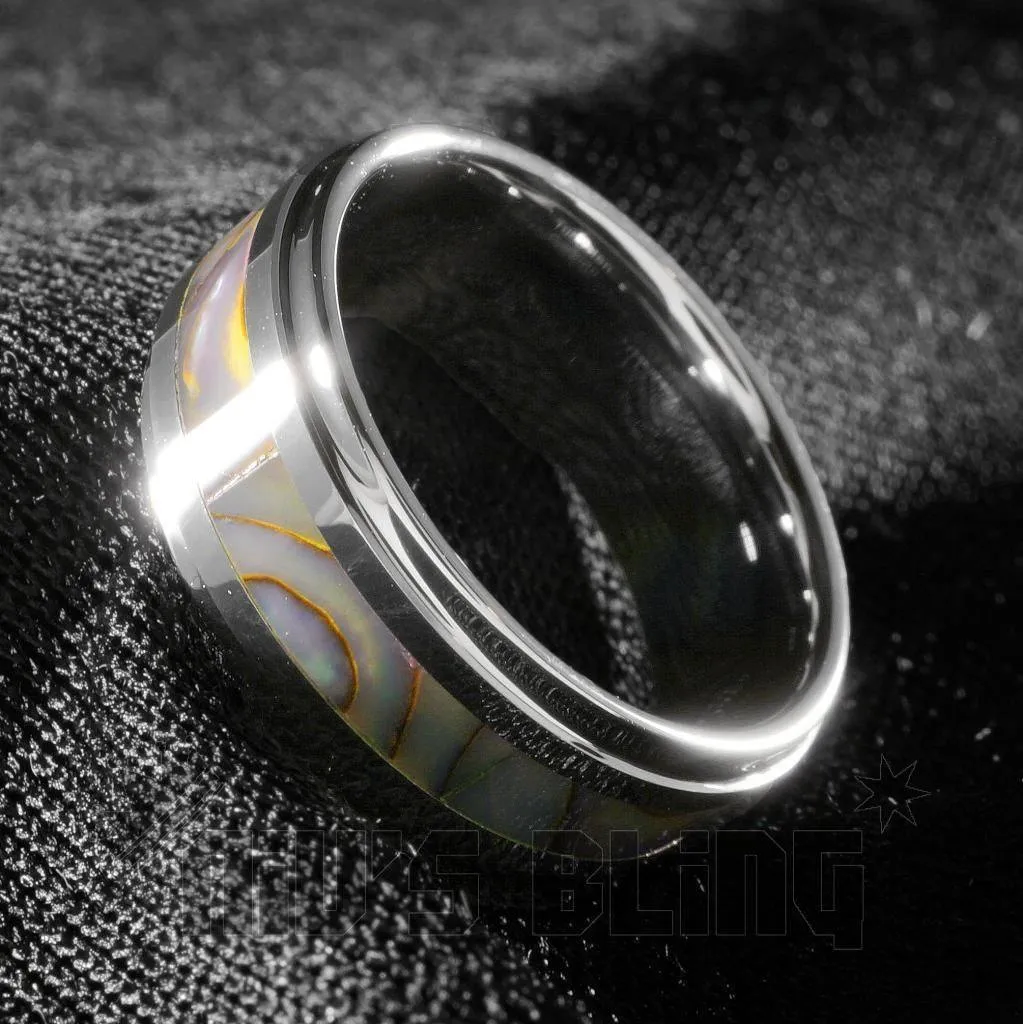 Abalone Shell Silver Tungsten Carbide Ring 8MM