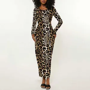 African Leopard Skin Pattern Long Sleeve Bodycon Dress LT15