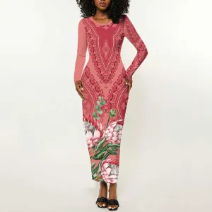 Afro King Proteas Dashiki Motif Long Sleeve Bodycon Dress Peach Style LT9