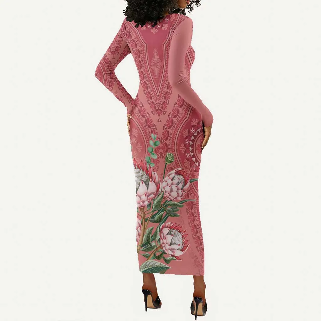 Afro King Proteas Dashiki Motif Long Sleeve Bodycon Dress Peach Style LT9