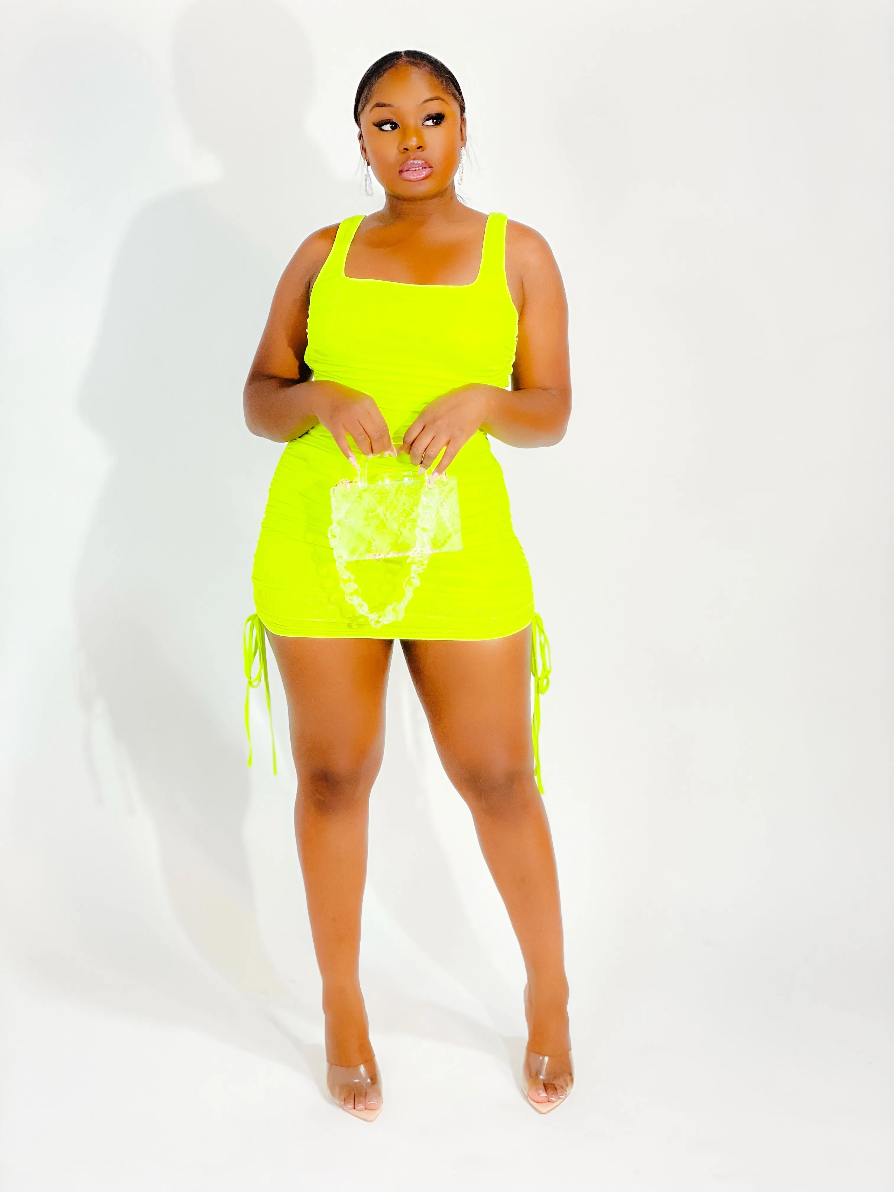 AFTER HOUR CUTOUT RUCHED BODYCON MINI DRESS (NEON) (FINAL SALE)