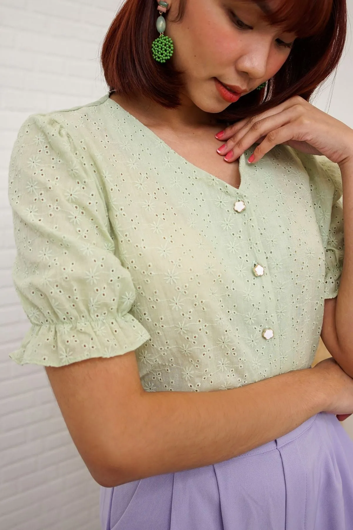ALIVIA Buttoned Puff-Sleeve Eyelet Top (Sage Green)