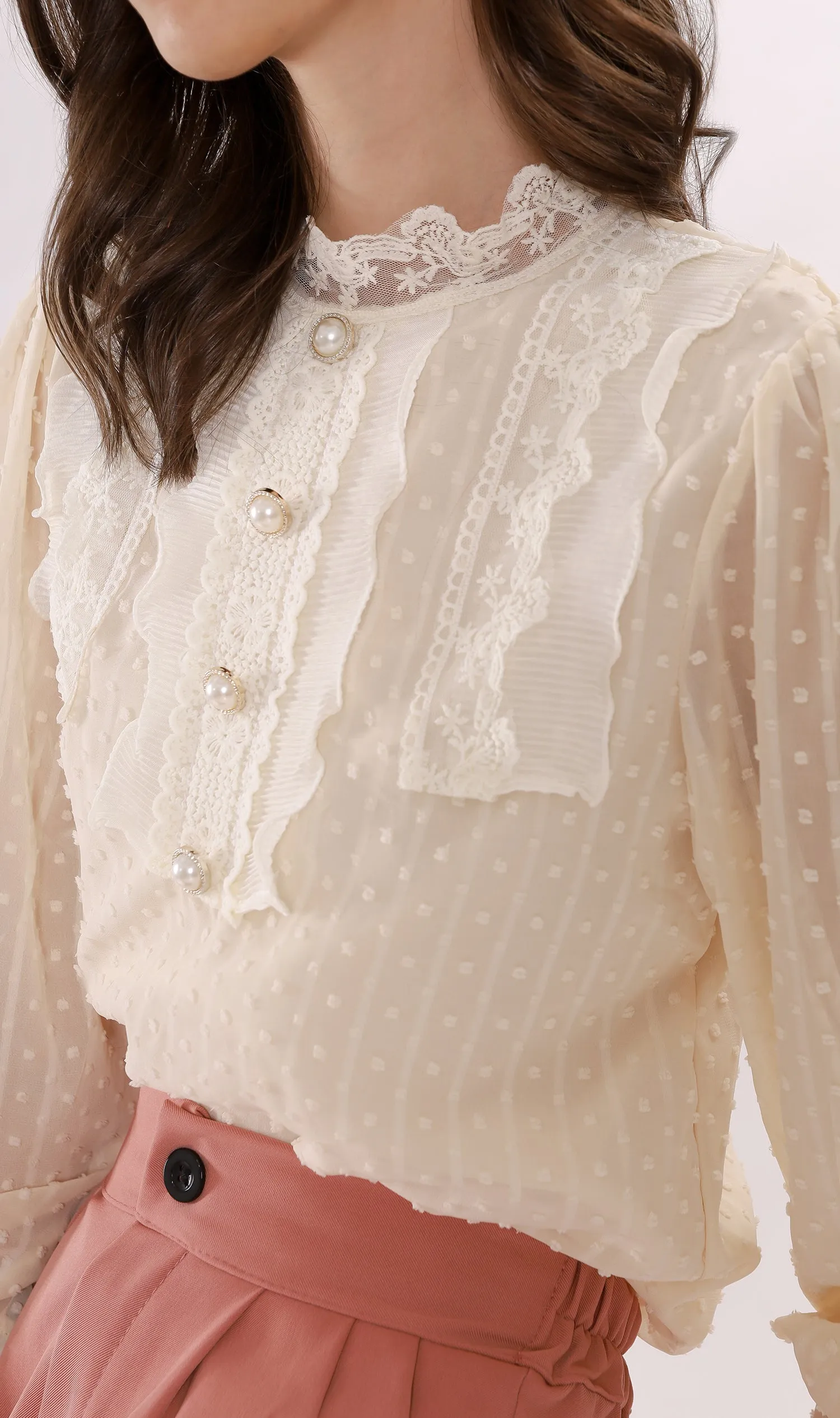 ALORA Lace-Trimmed Long-Sleeve Top (Cream)
