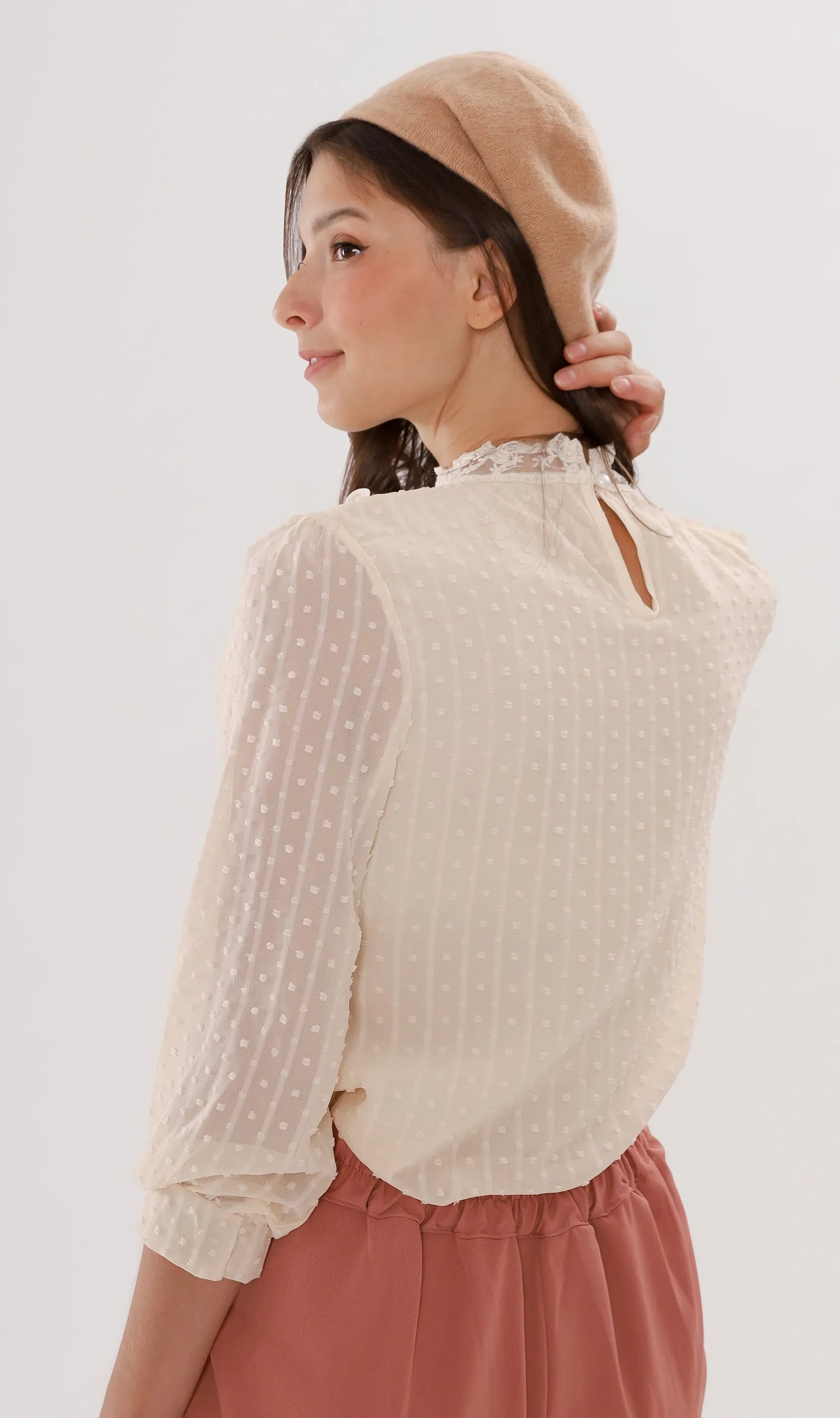 ALORA Lace-Trimmed Long-Sleeve Top (Cream)