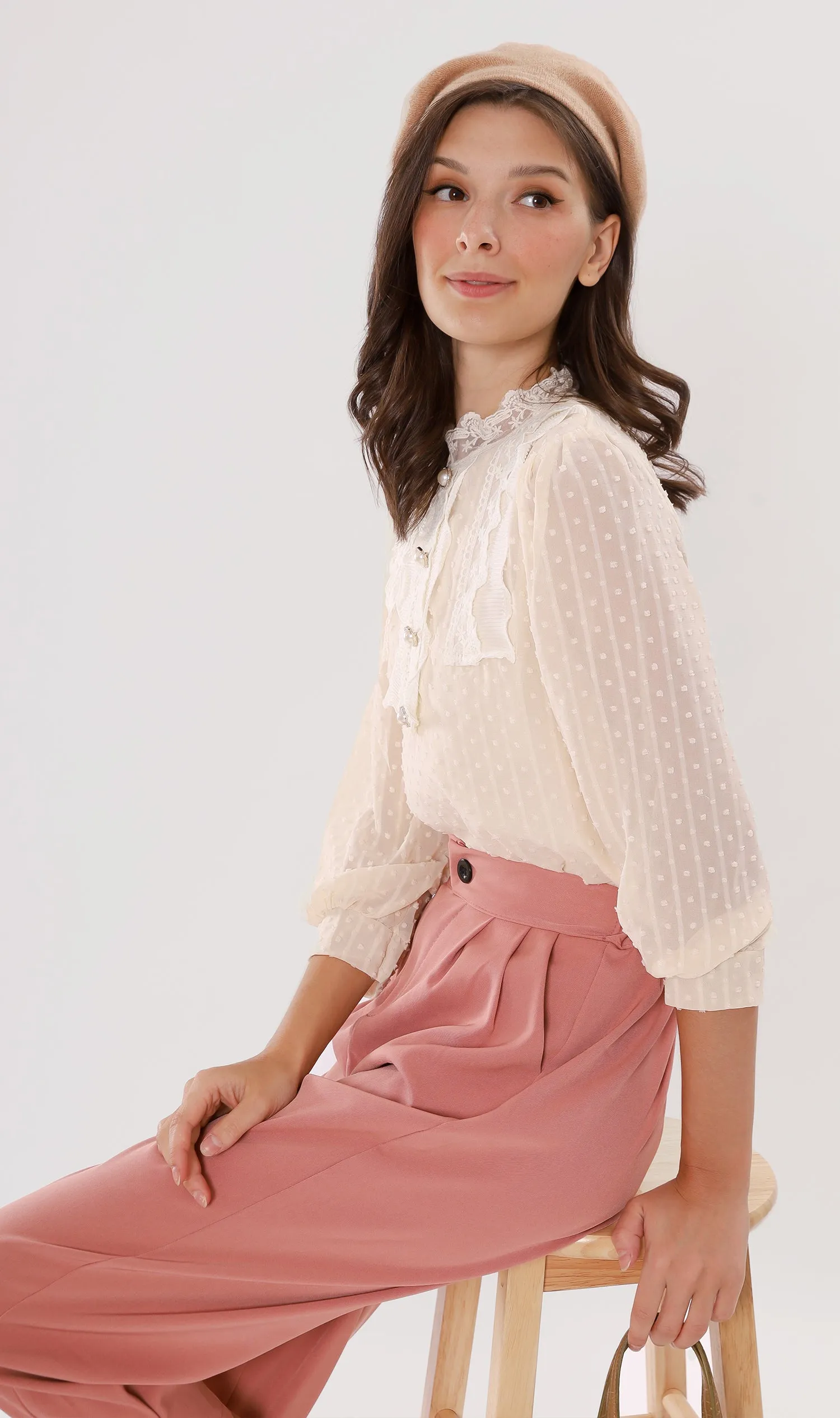 ALORA Lace-Trimmed Long-Sleeve Top (Cream)