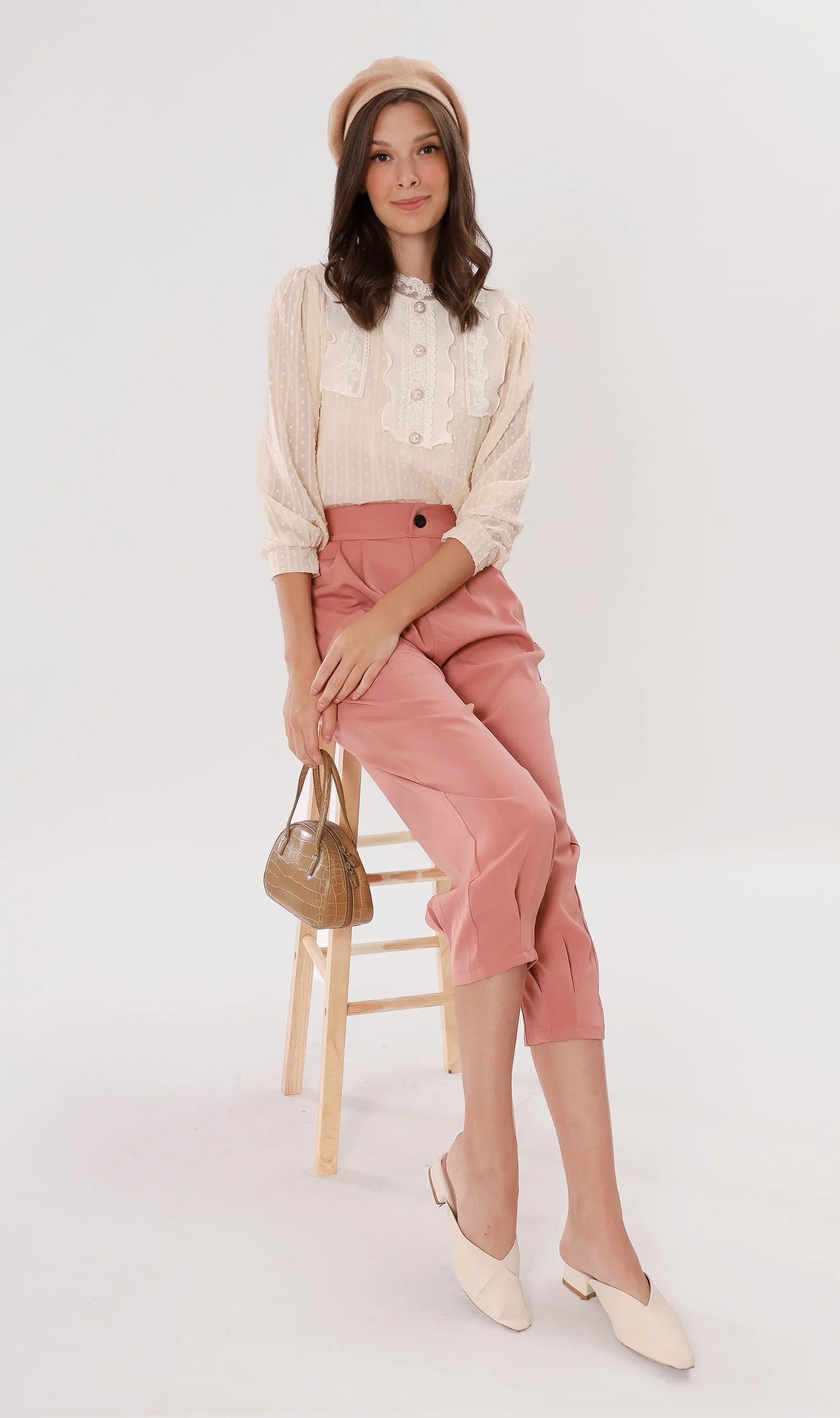 ALORA Lace-Trimmed Long-Sleeve Top (Cream)