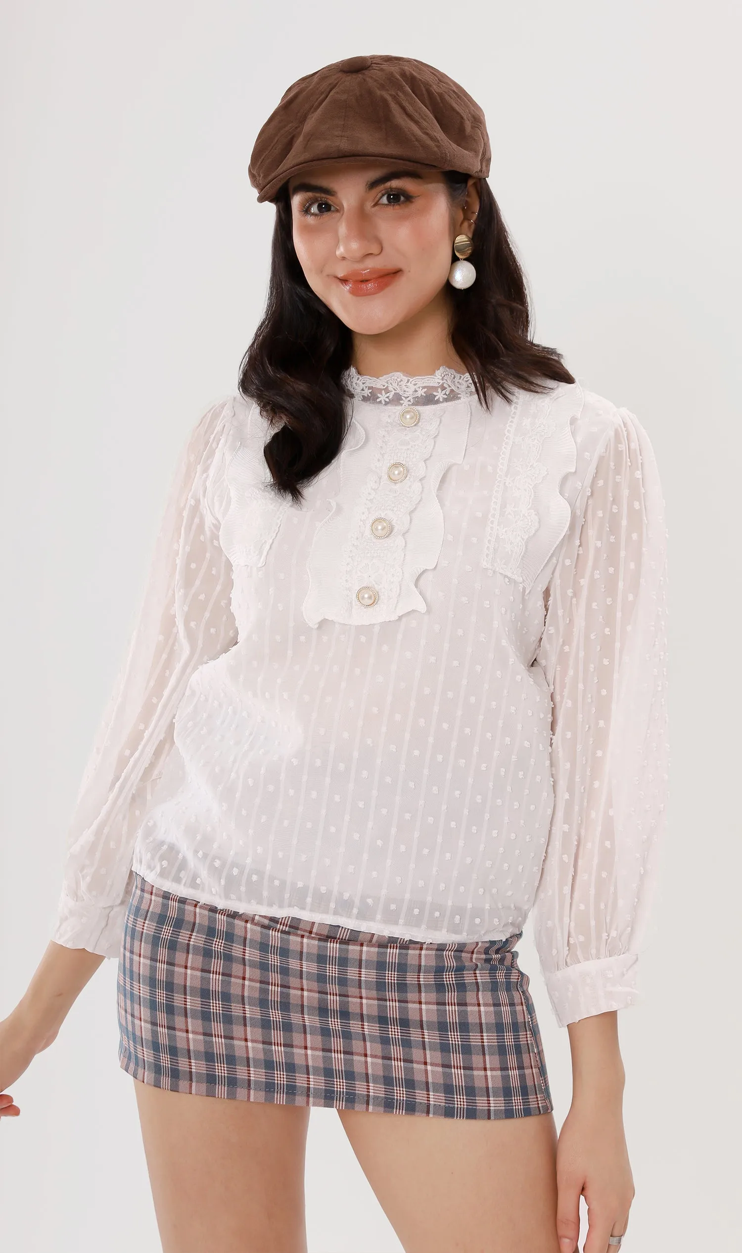 ALORA Lace-Trimmed Long-Sleeve Top (White)