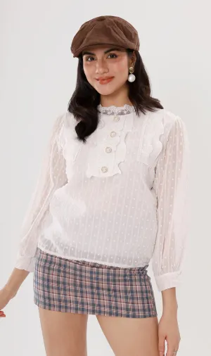 ALORA Lace-Trimmed Long-Sleeve Top (White)