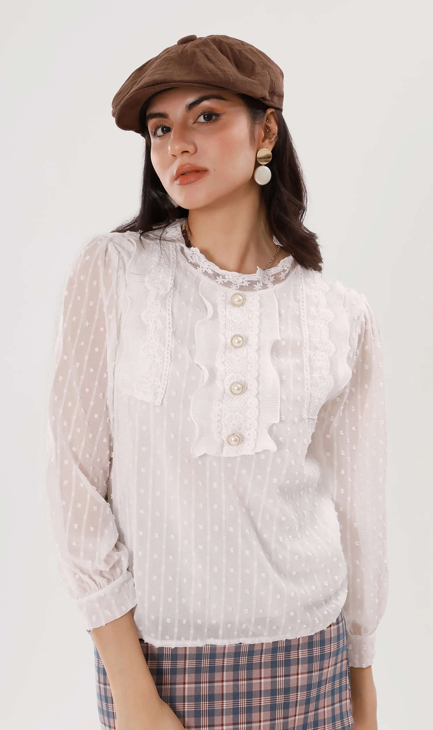 ALORA Lace-Trimmed Long-Sleeve Top (White)