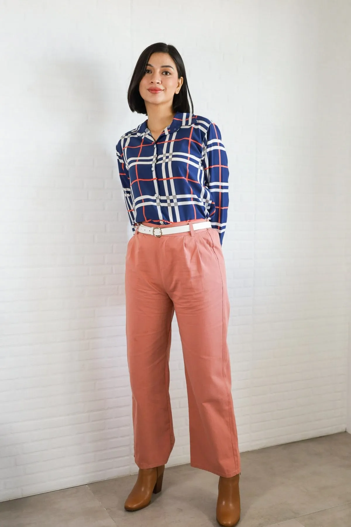 ANIKA Plaid Button-Down Shirt (Blue)