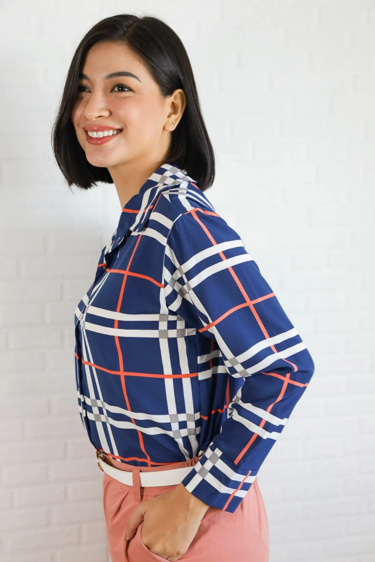 ANIKA Plaid Button-Down Shirt (Blue)