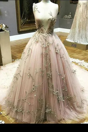 Anneprom Blush Prom Dress Applique Deep V neck Sweep/Brush Train Pink Prom Dresses Long Evening Dress APW0282