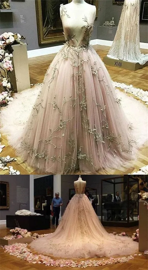 Anneprom Blush Prom Dress Applique Deep V neck Sweep/Brush Train Pink Prom Dresses Long Evening Dress APW0282