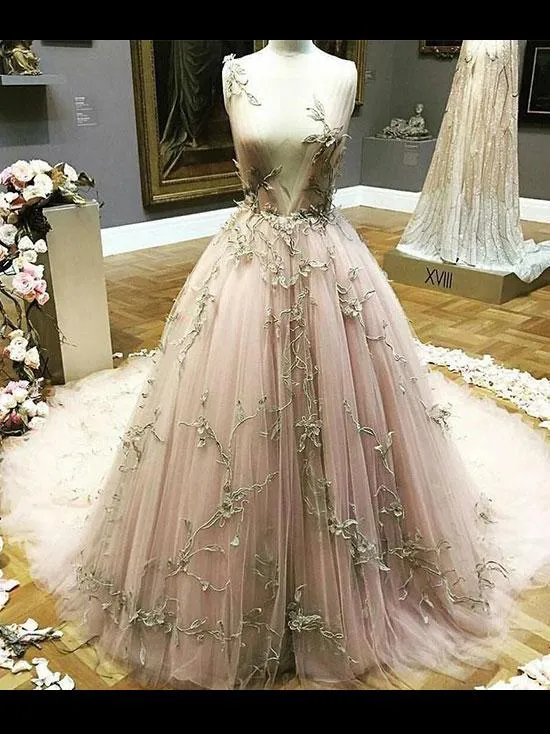 Anneprom Blush Prom Dress Applique Deep V neck Sweep/Brush Train Pink Prom Dresses Long Evening Dress APW0282