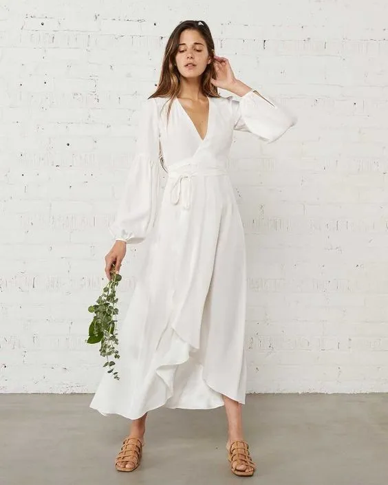 Anneprom Boho A Line V Neck Chiffon Short Wedding Dress with Long Sleeves APW0343