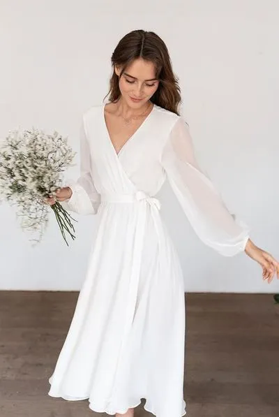 Anneprom Boho A Line V Neck Chiffon Short Wedding Dress with Long Sleeves APW0343