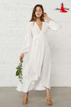 Anneprom Boho A Line V Neck Chiffon Short Wedding Dress with Long Sleeves APW0343