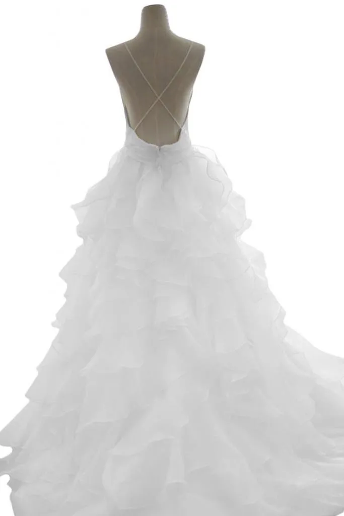 Anneprom Elegant Spaghetti Straps Long V-neck White Backless Wedding Dresses APW0273