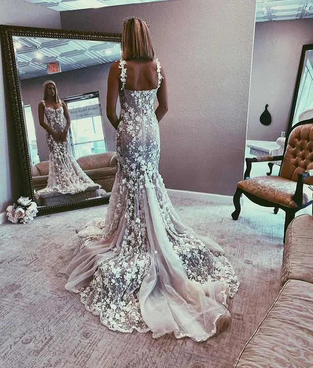 Anneprom Romantic Luxuerious Mermaid Straps 3D Lace Wedding Dress for Beach Wedding APW0341