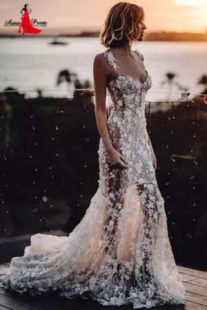Anneprom Romantic Luxuerious Mermaid Straps 3D Lace Wedding Dress for Beach Wedding APW0341