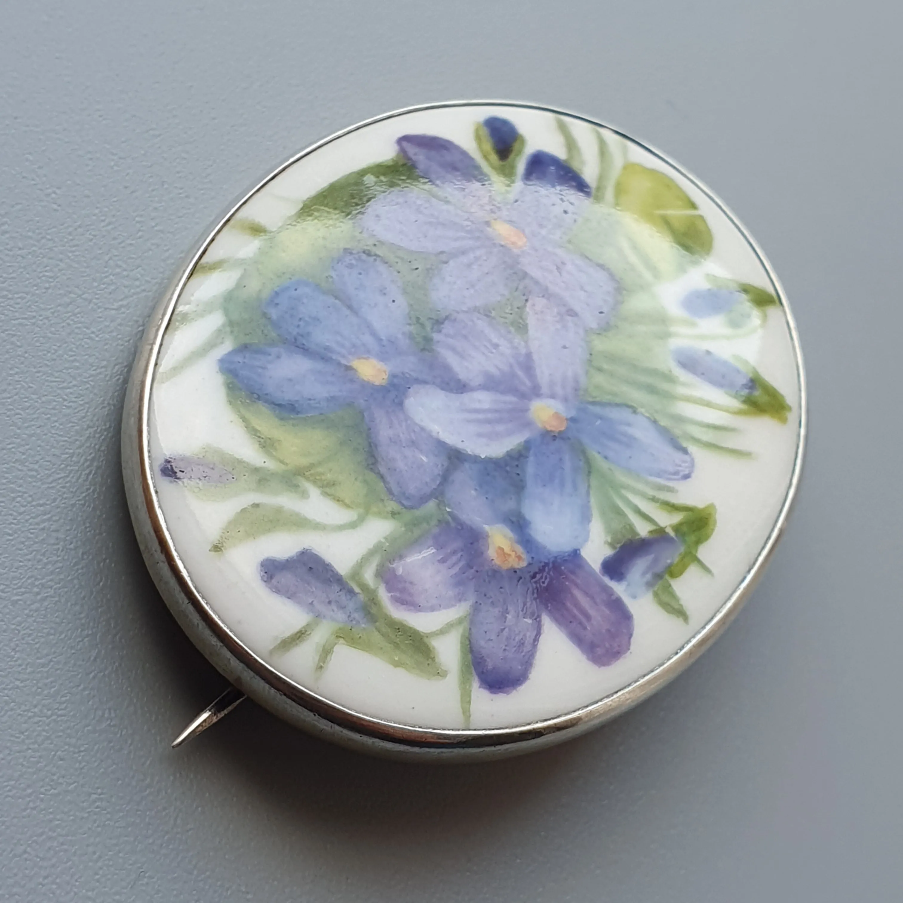 Antique Finnish Hand-Painted Porcelain Brooch – Purple Violets, Silver Mount