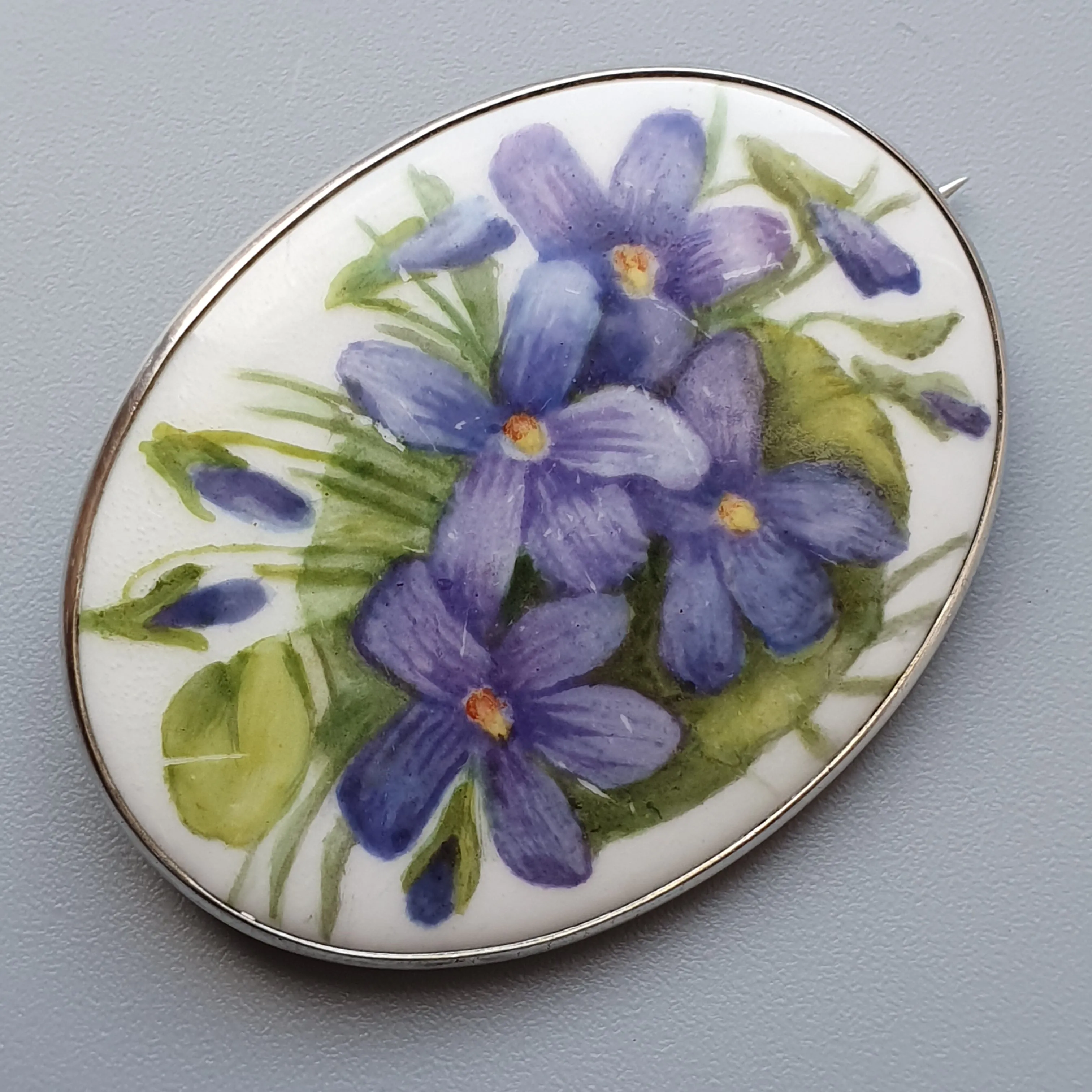 Antique Finnish Hand-Painted Porcelain Brooch – Purple Violets, Silver Mount