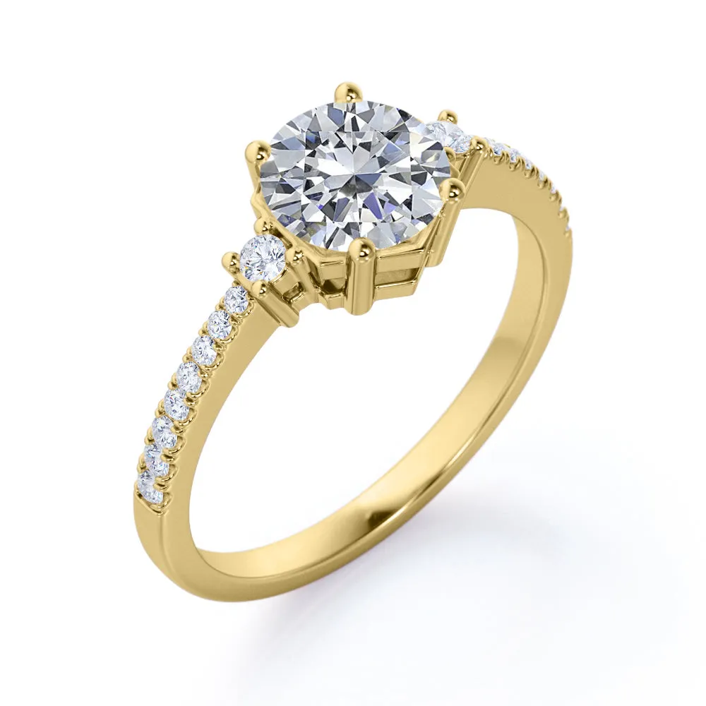 Antique Pave set 1.25 carat Round cut Moissanite and diamond 3 stone engagement ring in White gold