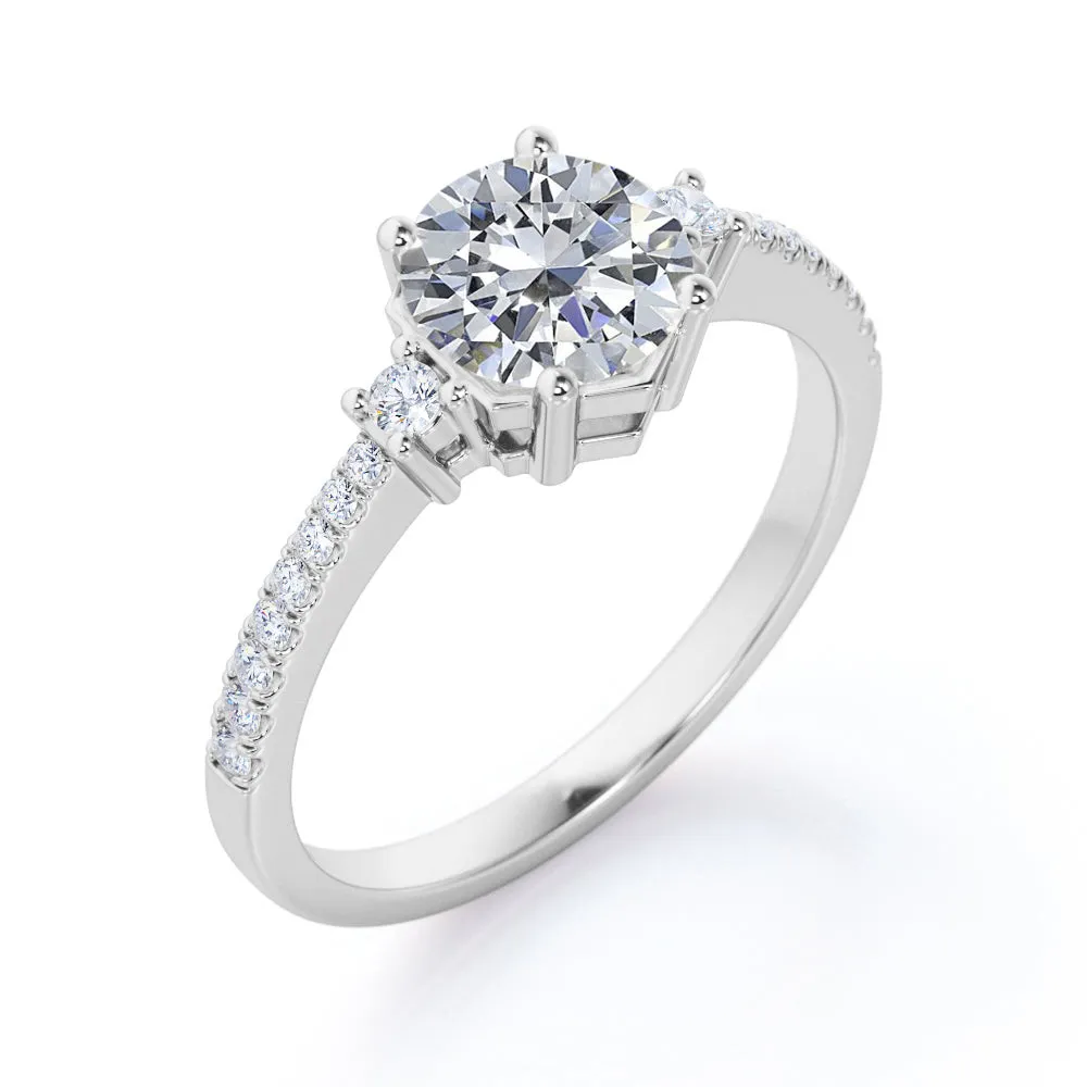 Antique Pave set 1.25 carat Round cut Moissanite and diamond 3 stone engagement ring in White gold