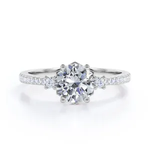 Antique Pave set 1.25 carat Round cut Moissanite and diamond 3 stone engagement ring in White gold