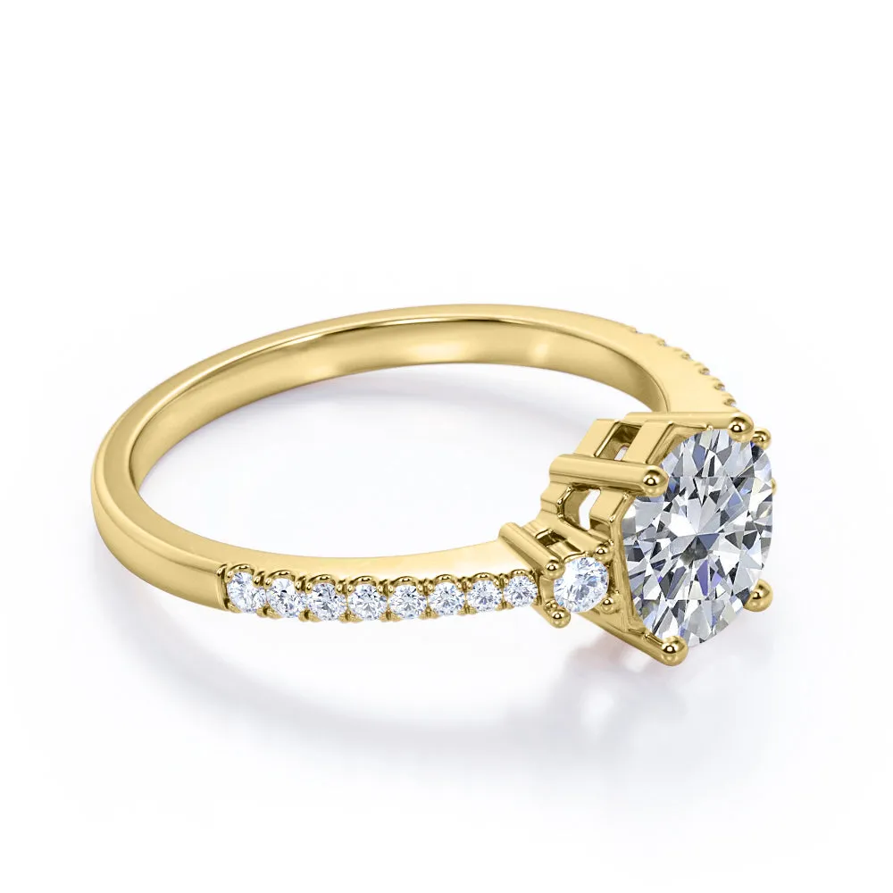 Antique Pave set 1.25 carat Round cut Moissanite and diamond 3 stone engagement ring in White gold