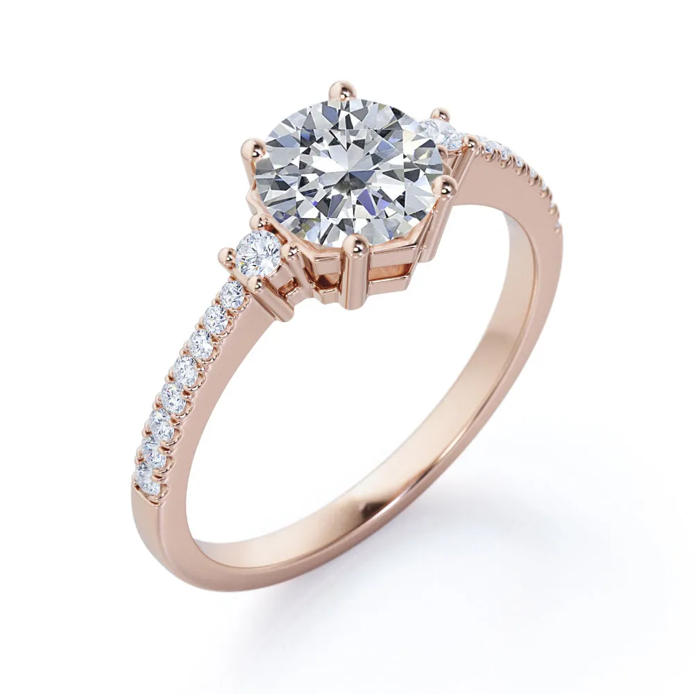 Antique Pave set 1.25 carat Round cut Moissanite and diamond 3 stone engagement ring in White gold