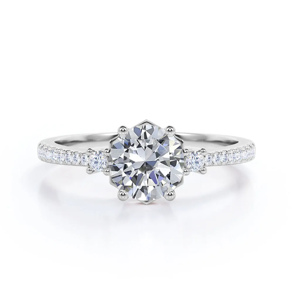 Antique Pave set 1.25 carat Round cut Moissanite and diamond 3 stone engagement ring in White gold