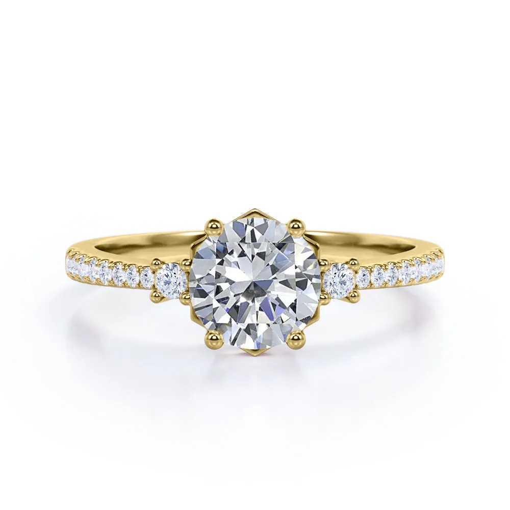 Antique Pave set 1.25 carat Round cut Moissanite and diamond 3 stone engagement ring in White gold