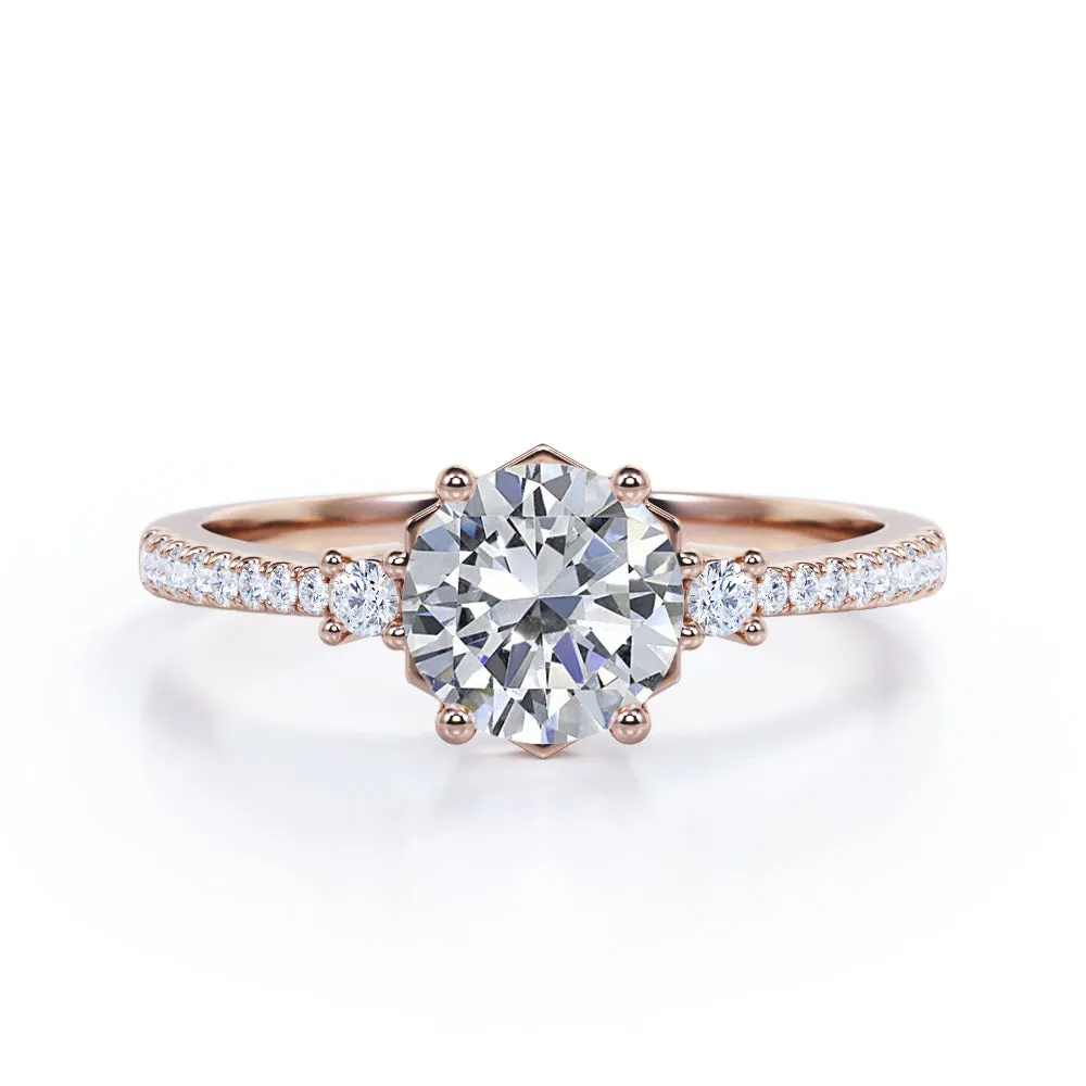 Antique Pave set 1.25 carat Round cut Moissanite and diamond 3 stone engagement ring in White gold