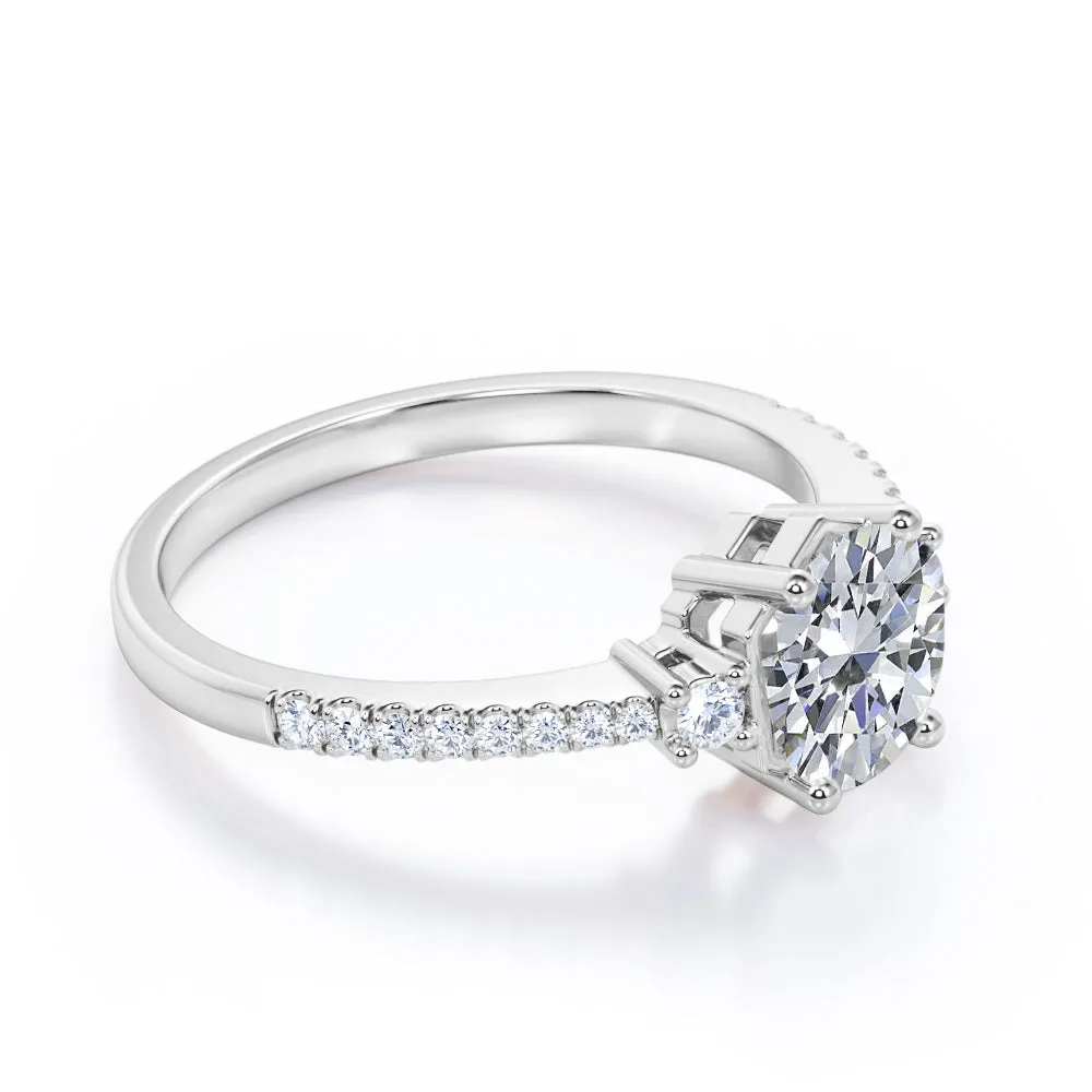 Antique Pave set 1.25 carat Round cut Moissanite and diamond 3 stone engagement ring in White gold