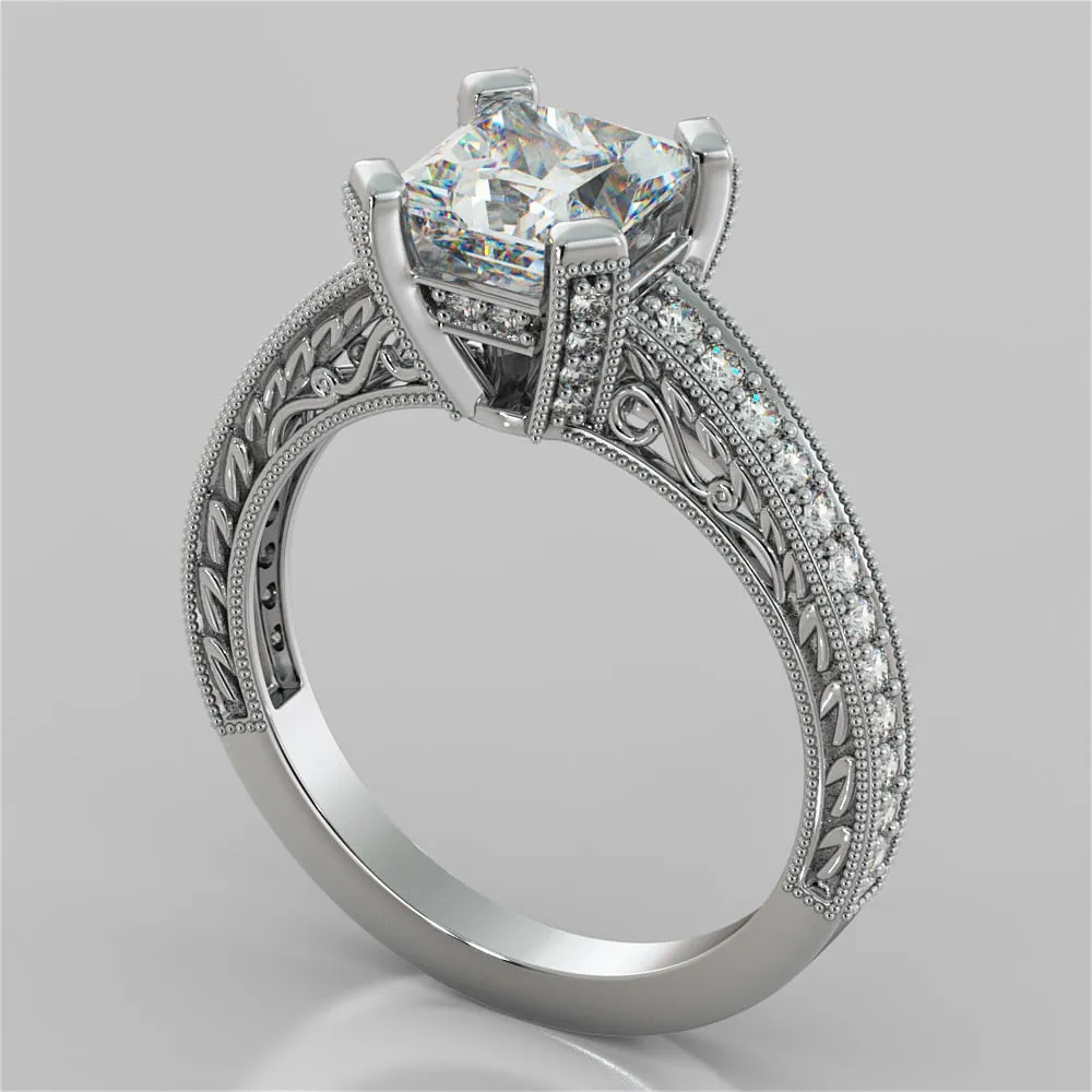 Antique Style Princess Cut Filigree Wedding Set with Accents