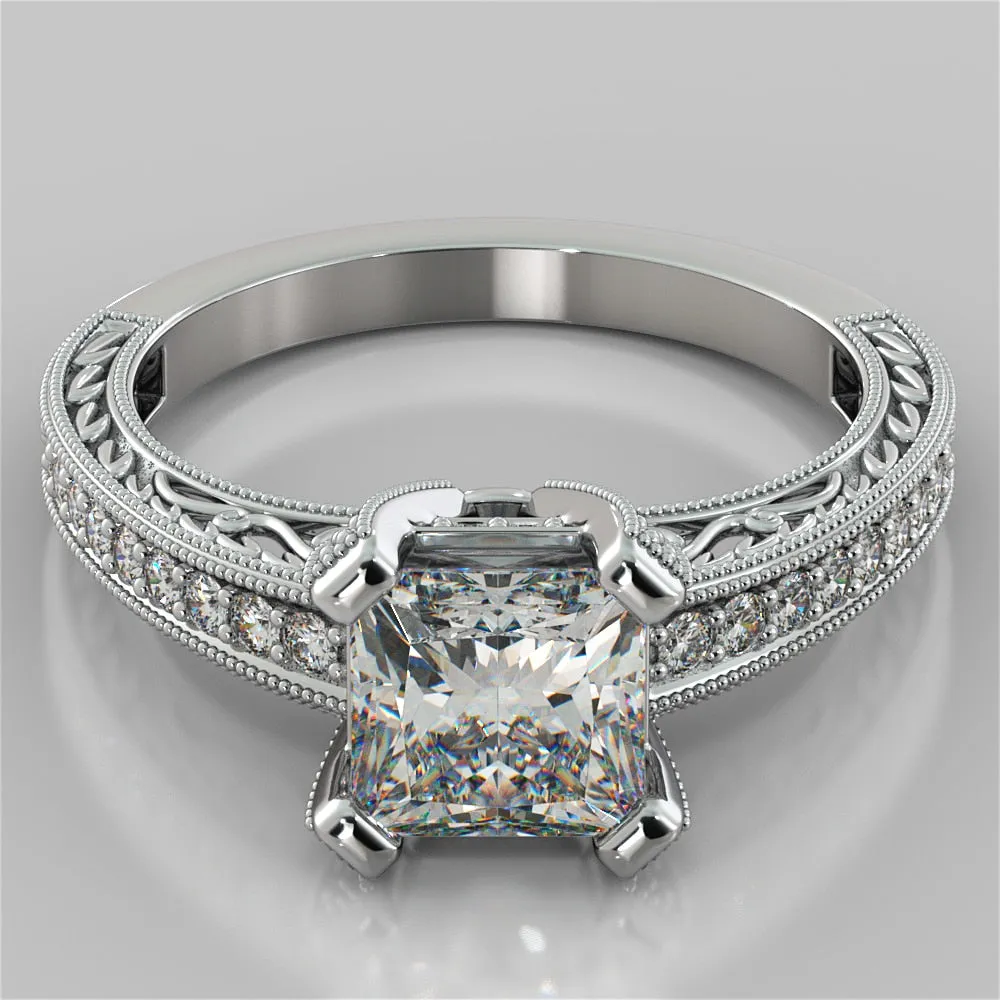 Antique Style Princess Cut Filigree Wedding Set with Accents