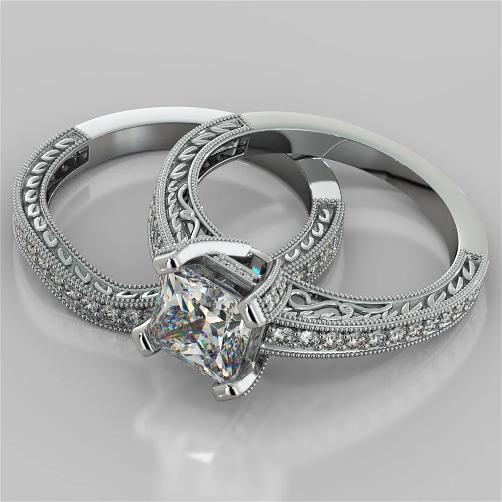 Antique Style Princess Cut Filigree Wedding Set with Accents
