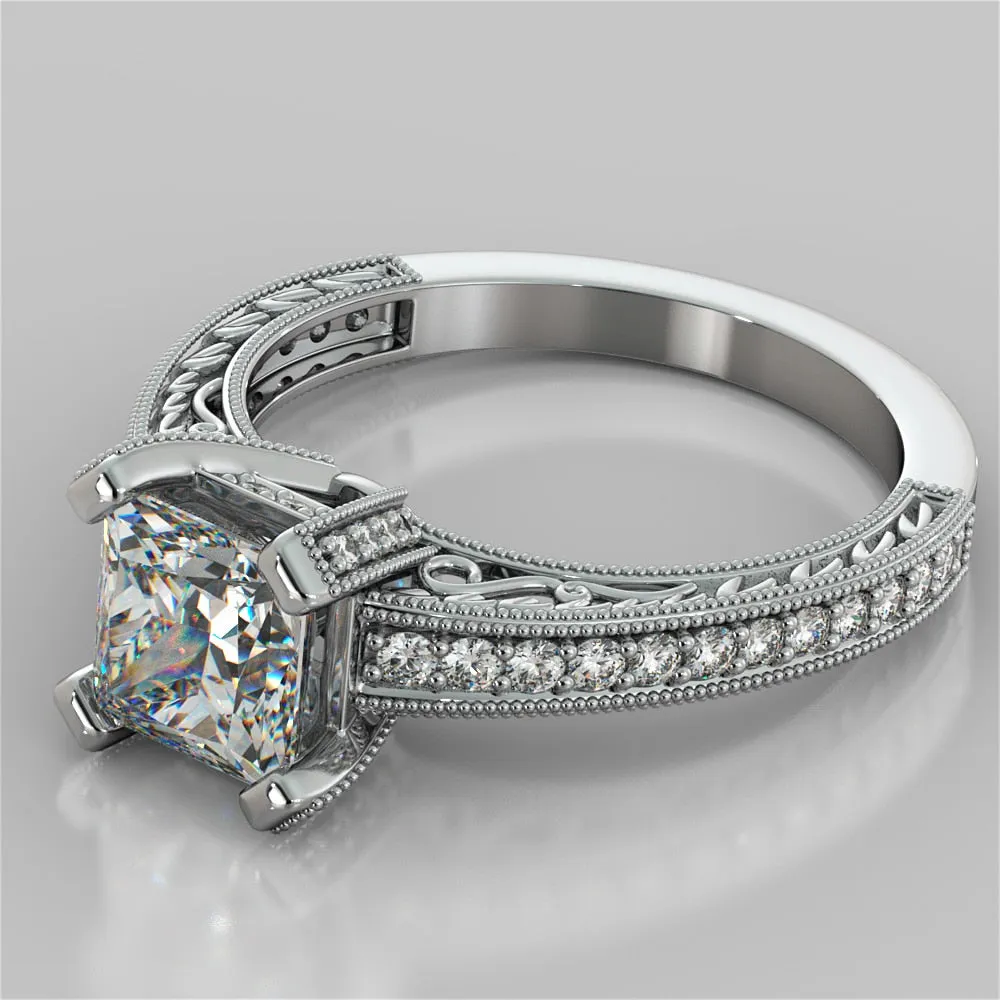 Antique Style Princess Cut Filigree Wedding Set with Accents