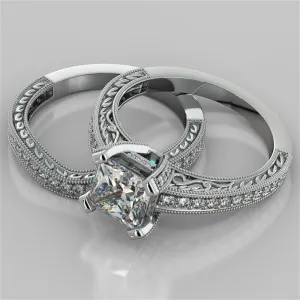 Antique Style Princess Cut Filigree Wedding Set with Accents